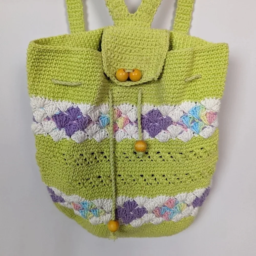 Handmade Crochet Knit Mini Backpack Bag Colorful Floral Bohemian Hippie 70s - Picture 4 of 11